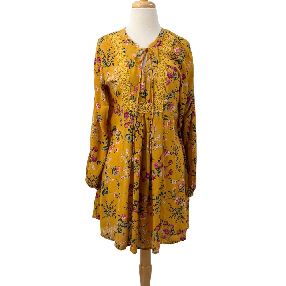 Staccato Womens Mustard Yellow Floral Lace Yoke Long Sleeve Mini Dress Size M